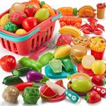 Comirth Pretend Play Food Sets for Kids Kitchen 61Pc, Storage Basket Cutting Toy Food, Fake Food for Toddlers, Play Kitchen Accessories Toys with Fruits Vegetables, Educational Gift for Girls Boys