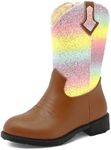 rosyclo Kids Cowboy Boots for Boys Girls, Western Boots Embroidered Faux Leather Cowgirl Wide Width Ankle Boot Round Toe Mid Calf Riding Shoes for Little Big Kid, Brown Rainbow