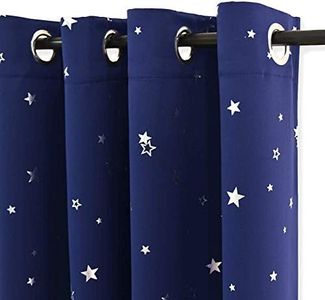 PONY DANCE Nursery Blue Blackout Curtains for Bedroom - Noise Reducing Thermal Insulated Ring Top Short Foil Printed Curtains with Eyelet for Boys Girls, 66 x 54 Drop Inch, 2 Panels