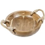 MyGift 9.6 Inch Handmade Solid Acacia Wood Fruit Bowl with Rustic Rope Handles, Decorative Round Serving Dish Tabletop Home Décor - Handcrafted in India