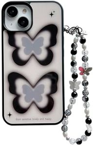 Reezaddin Retro Y2K Black Butterfly Phone Case Compatible with iPhone 15(NOT 15Pro) with Beaded Chain Charm,Cute Aesthetic INS Design Girly Slim Glossy Shockproof Cover for iPhone15 6.1"