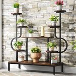 Tribesigns 8-Tier Metal Plant Stand, Large Tall Plant Shelf for Multiple Plants, Round & Square Boards, Wood Indoor Ladder Holder Flower Rack for Living Room, Patio, Balcony (Rustic Brown & Black)