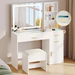 DWVO Vanity Desk Set with Wireless Charging Station & Power Outlet, 4 Drawers, 3 Open Shelves, 3 Light Color, 45.5" Makeup Vanity Dressing Table with Stool Bench for Women, White