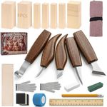PUYUKO 26 Pcs Woodworking Tools Kit, Wood Chisel Sets, Whittling & Cutting Accessories with 8 Basswood Blocks, 5 Carving Tools & Leather Strop, DIY Wood Turning& Flexcut Equipment Gift for Beginners