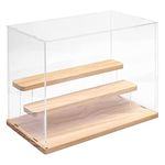 Nynelly 3-Tier Clear Acrylic Display Case Display Box Display Stand with Door,Countertop Display Case for Collectible Mini Action Figure,Dustproof Storage Organizer(Oak Base,Step)