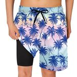 Cozople Teen Boys Swim Trunks Blue Hawaii Palm Tree Bathing Suits Novelty Quick Dry Swimsuits Compression Liner Anti Chafe Swimming Shorts with Pockets