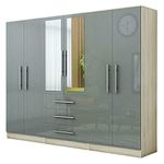 Unique Furnishings Gloss Grey Large Wardrobe - 6 Door 3 Drawers & Long Mirror