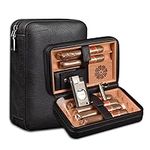 6-Finger Cigar Travel Humidor Cigar Case with Triple Flame Cigar Lighter, Leather Cigar Box with Round Humidifier, Cigar Punch and Dropper, Cedar Wood Humidor Cigar Box Gift Box Storage Box（Black）