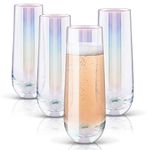 Gutsdoor Radiance White Pearl Luster Stemless Champagne Flutes Glasses Set of 4 (10 Ounce) Elegant All-Purpose Wine Drinking Glassware Beverage Cups for Water, Juice, Beer, Whiskey & Bar Decor