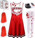 Matiniy 5 PCS Zombie Cheerleader Costume Set Include Dress Pantyhose Poms Stickers Fake Blood Gel for Girls Halloween Dress Up (Large(10-12), Red)