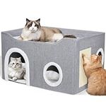 GDGZT Cat Bed for Indoor Cats, Foldable Cat House with Cube Cat Beds- Large Soft Cat Cave Bed with Cat Scratching Board, Covered Cat Hideaway for Cat and Little Dog, 23x15x13 inches, Grey