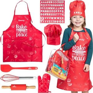 Baketivity Kids Chef Hat and Apron Set for Boys & Girls - One Size Fits All (Adjustable) - Premium, Washable Kids Apron and Chef Hat Set for Cooking - Young Chefs & Junior Bakers Chef Outfit for Kids