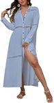 Bsubseach 2025 Long Beach Cover Ups Dress for Women Summer Blue Plus Size Long Sleeve Button Up Swim Cover Up Bathing Suit Swimwear M