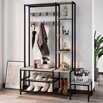 Espelism Hall Tree with Shoe Storage Bench Coat Rack with 7 Hooks Interchangeable 4 Tier Side Storage Shelves Small Cute Side Bench Industrial 5-in-1 Entryway Coat Rack for Hallway Mudroom Bedroom