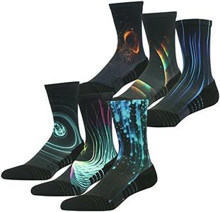 HUSO Men's Fashion Funky Crazy Galaxy Printed Sports Quick Wicking Elastic Crew Hiking Socks for Christmas 6 Pairs (Black L/XL)