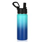 Volhoply 18oz Kids Insulated Water Bottle,Stainless Steel Water Bottles with Straw Lid,Wide Mouth Reusable Metal Thermos Water Bottle,Double Wall Vacuum Sports Flask for Cold Drink(Green Blue,1 Set)