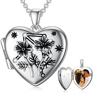 SOULMEET Birth Flowers Morning Glory Cosmos Libra Locket Necklace That Holds Picture Personalized Silver Months September-October Constellation Photo Heart Locket Gift Horoscope (Custom photo)