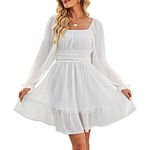 ZAFUL Women's Square Neck Long Lantern Sleeve Tie Back Ruffle Dress Elastic Waist Casual Off Shoulder A-Line Mini Dress, White, Medium