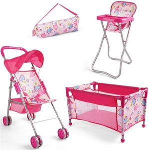 BABESIDE 4Pcs Baby Doll Stroller Set with Doll Pack n Play, Baby Doll High Chair, Reborn Doll Crib with Storage Bag, Reborn Baby Doll Accessories for 17-20 Inches Dolls Kids Gift