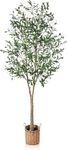 SOGUYI Artificial Olive Tree 7ft Tall Fake Plant, Faux Olive Tree Topiary Silk Trees with Handmade Woven Basket Planter, Artificial Floor Plants for Home Office Living Room Indoor Decor(Set of 1)