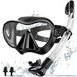 Snorkel Set, Snorkel Dry Top Snorkeling Gear for Adults, Panoramic Anti-Leak and Anti-Fog Tempered Glass Lens, Adults Adjustable Snorkeling Set, Scuba Diving Swimming Training Snorkel Kit(Black)