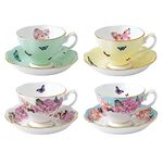 Royal Albert - Miranda Kerr 8 Piece Teacup and Saucer Gift Set - Vintage Serving Set for 4, with Bone China Tea Cup and Saucer Set - Multicolour Butterfly & Floral Pattern