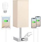 DEENZ Touch Lamps with USB & Type C Port Nightstand Lamp Charge Ports 3 Way Dimmable Bedside Silver (Square Base) Lamp with Fabric Shade Small Table Lamp for Bedroom Living Room Bulb Included (Beige)