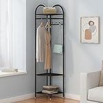 FLRH Black Corner Hall Tree, Freestanding Garment Rack with 6 Hooks and Storage Shelf, Metal Clothing Racks Coat Racks for Hallway, Entryway, Bedroom, Living Room, Office(Black)