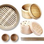 Grown Goods Bamboo Steamer Handmade Basket with Lid | 10 inch 2 Tier Steaming Basket Traditional Design | For Dumplings, Rice, Dim Sum, Vegetables, Fish, and Meat | Includes 50 liners, 2 bamboo sauce dishes, 2 pairs of chopsticks