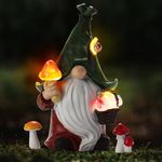 Mushroom-Picking Gnome Solar Garden Statue with 3 LED Lights, Set with 1 Gnome and 2 Small Mushroom, Lovely Garden Gnome Set for Patio, Yard, Lawn Ornament, Outdoor Decor