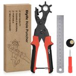 Leather Hole Punch, [Upgraded Version][Perfect Full Set] Diyife Belt Puncher, Heavy Duty Revolving Plier Tool with 2 Extra Plates and Ruler, Multi Sized for Crafts, Card, Rubber, etc, Red