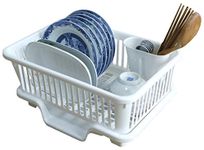 Basicwise Plastic Dish Rack with Drain Board and Utensil Cup (White)