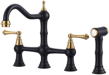 WOWOW Bridge Kitchen Faucet with Sprayer, Brass Kitchen Faucet 4 Hole Bridge Faucet for Kitchen Sink, Black and Gold Kitchen Sink Faucet Two Handle Farmhouse Kitchen Tap