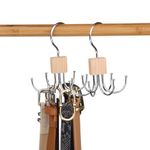LMSAWK 2 Pieces Belt Hanger For Closet, Hanging Holder Storage Hook for Belt, Rotatable Belt Rack Closet Accessories, for Socks, Belt, Gloves, 6 Hooks, Wood Color