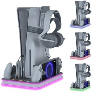 WUXIDIXI Charger Dock Compatible with PS Portal and PS5 Controller, PS5 Pro Stand and Cooling Station with RGB LED Charging Dock, PS5 Edge Controller and Headset and Remote Holders - Grey