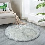 Soft Faux Sheepskin Fur Rug Fluffy Faux Fur Area Rug Round Floor Mat Luxury Carpet Chair Cover Seat Pad for Holiday Chistmas Tree Skirt Shaggy Rug Bedroom Sofa Living Room (90cm, White Grey)