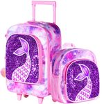 2PCS Kids Luggage, Suitcases for Girls, Carry on Rolling Luggage with Wheels, 18" Toddler Suitcase Set 12" with Sequin Backpack - Pink Mermaid