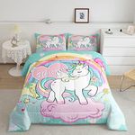 Feelyou Unicorn Comforter Set for Girls Twin Size,Unicorn Bedding Set,2Pcs Kawaii Rainbow Reversible Stars Bed Sets for Teens Kids Girls Boys Adults Room Decor All Season (Teal Unicorn)