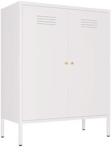 LINGZOE White Metal Locker Storage Accent Cabinets with 2 Adjustable Shelves, 3 Tier Metal Storage Cabinet with Legs, Steel Cupboard Lockers for Kids Bedroom, Home, Office, Entryway, Kitchen