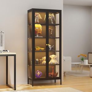 VCGGAIP Metal Display Cabinet with Glass Doors,5-Tier Curio Cabinet with Adjustable Shelves,21 DIY Color Lights Display Cases for Collectibles Figure