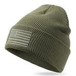 OUTDOOR SHAPING American Flag Embroidered Knit Cuffed Beanie for Men Women Tactical Winter Warm Hat, Army Green, M/L