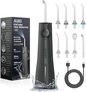 AUIEI Irrigador Dental, Irrigador Bucal Portatil Inalámbrico Profesional 8 Boquillas 5 Modos, USB Recargable Para Limpieza de Dientes, IPX7 Impermeable 300ML, Para Hogar y Viajes (Negro)