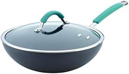 Rachael Ray 87644 Cucina Hard-Anodized Nonstick Covered Stir Fry Pan, 11-Inch, Gray, Agave Blue Handles