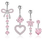 Meng Jiaran 4Pcs Pink Belly Button Bars Stainless Steel Belly Button Piercing Rings Hypoallergenic Belly Bars Rings 14G Heart Bow Navel Piercing Jewelry for Womens Girls