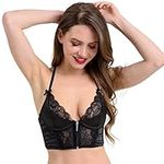 Lovehoney Lingerie Black Satin Longline Bra - Front Zip Fastening and Padded Underwired Half Cups - Size 10-12