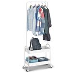 Kingrack Metal Clothes Rack,Clothing Rail on Wheels,Garment Rack Storage Trolley Rolling Cart Freestanding,Heavy Duty Clothing Rack,Coat Rail Display Stand Cloth Hanger With 2 Tier Storage Shelf White