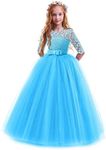 FYMNSI Flower Girls 3/4 Sleeve Lace Tulle Communion Pageant Dresses Princess Birthday Wedding Kids Prom Ball Gown - Blue - 2-3 Years