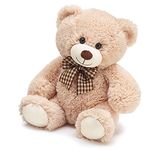 Plush Beige Teddy Bear With Checked Bow - 10 Inch Sitting