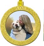 2024 Photo Ornaments for Christmas Tree, Sparkly Glitter Christmas Frame Ornament, Easy-Load Magnetic Design, Includes Satin Ribbon with Gold Charm Plus Photo Protector, Round, Gold