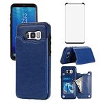 Asuwish Compatible with Samsung Galaxy S8 Plus Wallet Case and Tempered Glass Screen Protector Card Holder Cover Stand Cell Phone Cases for Glaxay S8plus S 8 8plus 8S Edge S8+ SM-G955U Women Men Blue